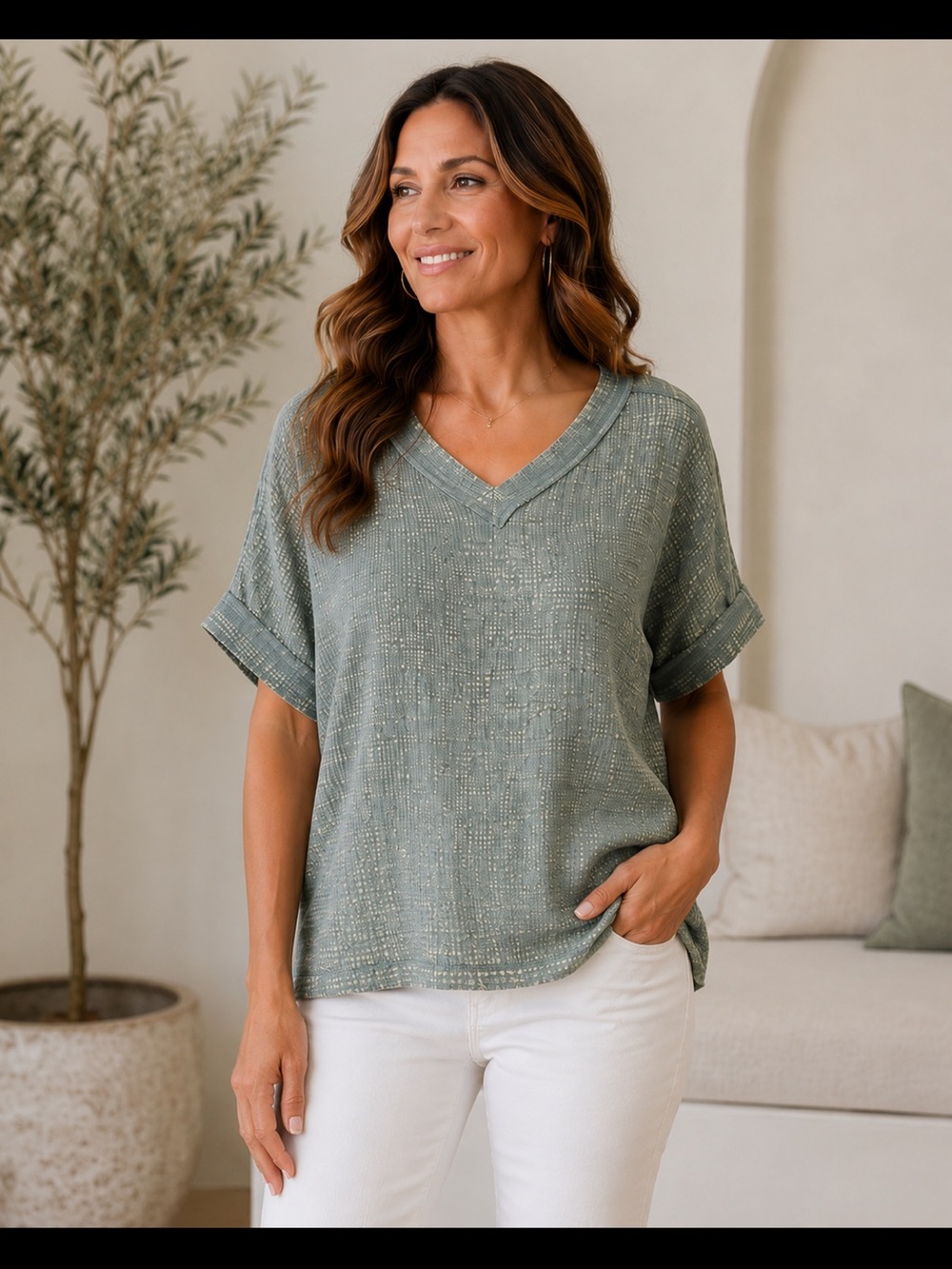 Zenana Outfitters Sage Green V-Neck Short Sleeve Top